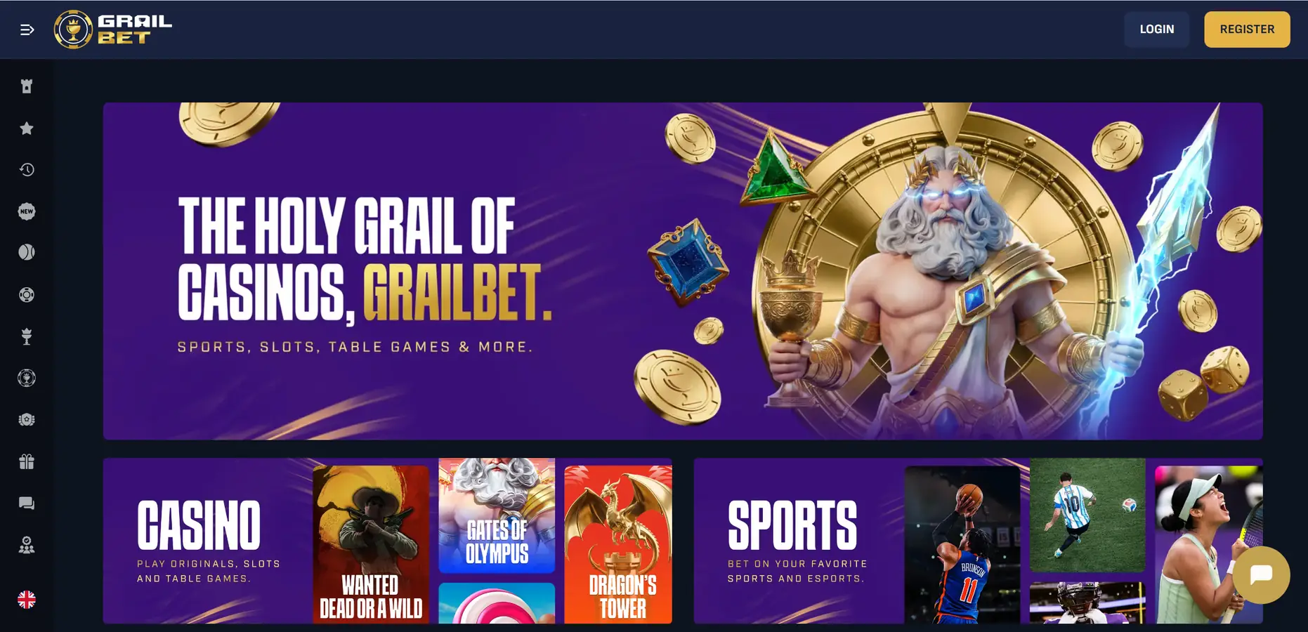 Grailbet casino lobby with slots, live casino and sports tabs